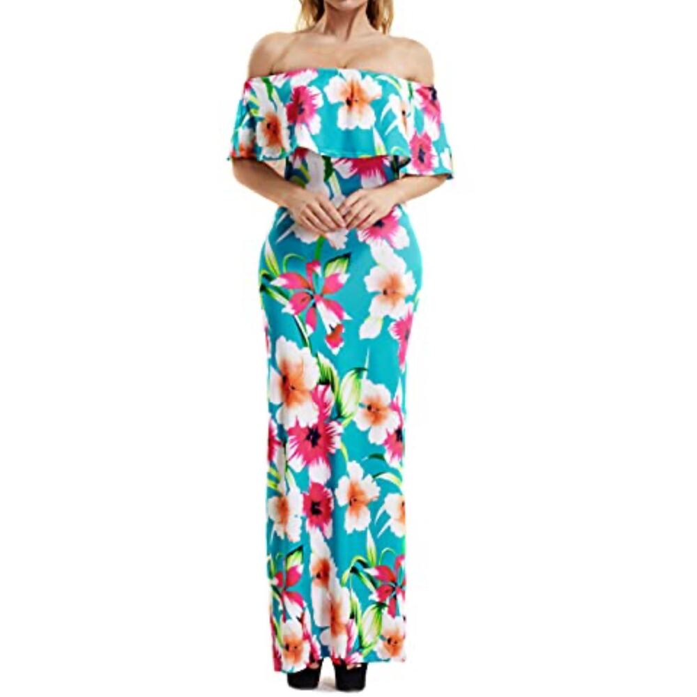 Suimiki Tropical maxi ruffle off shoulder vacation resort NWOT Med blue floral
